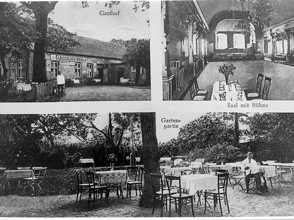 Postkarte Sülldorfer Hof: Gasthof, Saal mit Bühne, Gartenpartie
